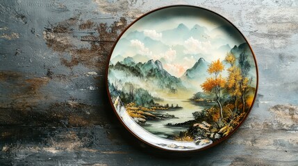 Scenic Hand-Painted Porcelain Plate Displaying a Beautiful Mountain Landscape with Trees and Water, Perfect for Decorative Purposes in Home or Office Settings