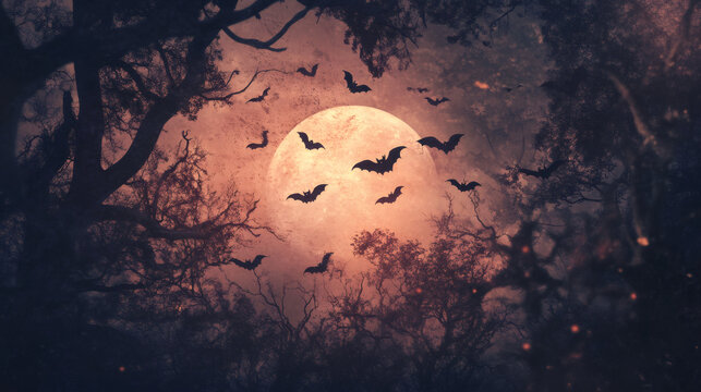 Eerie forest with bats soaring over a massive full moon on halloween night sets a chilling mood
