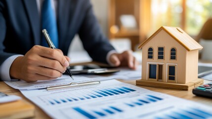 Bank Officer Presenting Financial Data Comparison Chart with Home Model