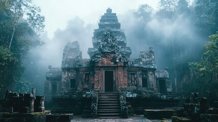 Ancient Temple Surrounded by Mist in Lush Jungle, Capturing the Enigmatic Beauty of Nature's Wonder and Architectural Marvels of the Past