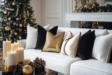 Elegant Christmas Decor Featuring Gold And Black Pillows