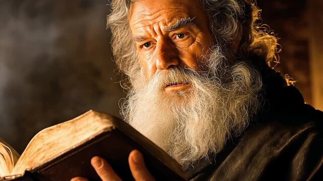 A devout elderly caucasian catholic monk carefully reading a weathered scripture in a dimly lit room. Concept of spiritual insight and timeless religious devotion.
