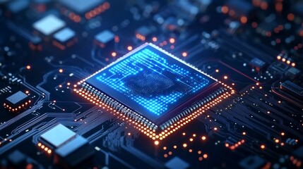 Fototapeta premium Close-up of a glowing computer processor on a circuit board.