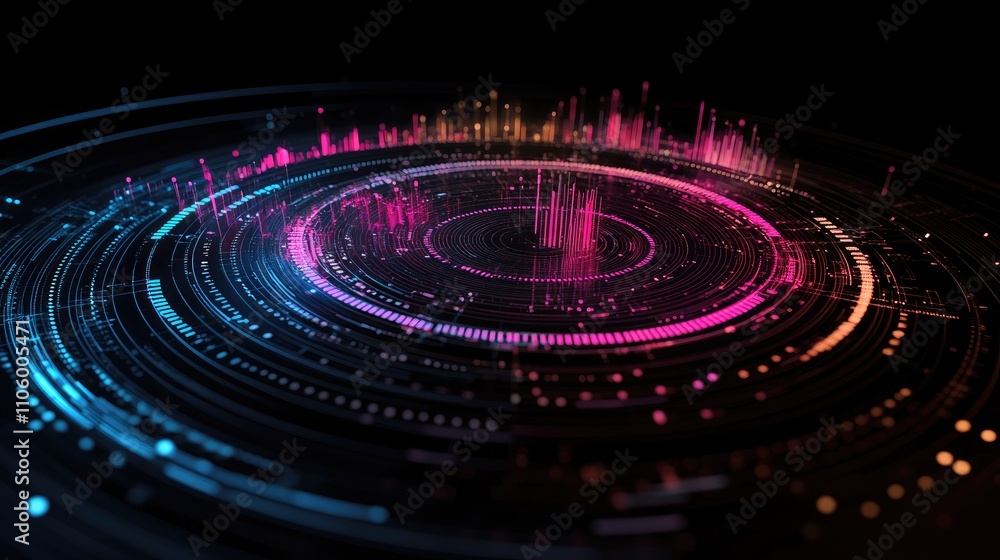 Poster a dynamic 3d circular graph with rotating sections, glowing with neon colors, representing data dist
