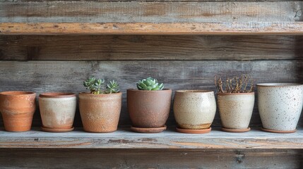 Naklejka premium Rustic Ceramic Planters Displayed on a Wooden Shelf, Showcasing Earthy Tones and Varied Succulent Plants in a Tranquil Natural Setting
