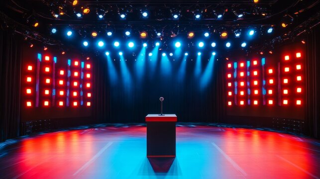 A podium on a set for a game show, with bright stage lights and audience seating visible