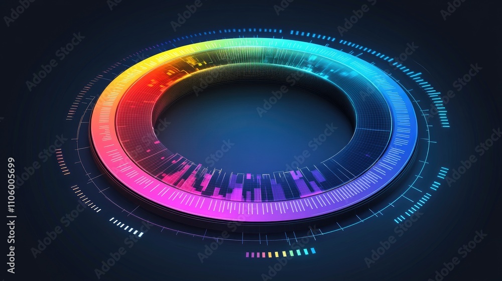 Poster a dynamic 3d circular graph with rotating sections, glowing with neon colors, representing data dist
