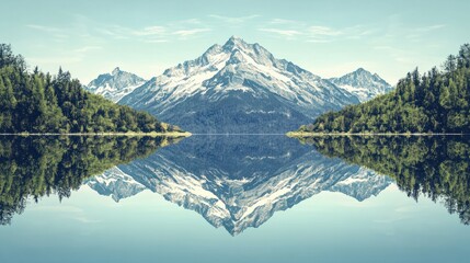 Naklejka premium Alpine lake with reflections of snow-capped mountains, surrounded by lush trees, clear blue sky, calm water, perfect symmetry, celebrating pure natural beauty