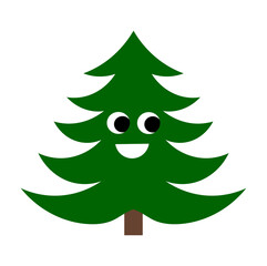 Cute Christmas tree smiling. Funny cartoon Christmas illustration. Christmas tree isolated on transparent background.