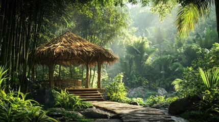 Serene Bamboo Shelter Nestled in Lush Jungle Surrounded by Vibrant Greenery and Tropical Foliage Under Soft Natural Light