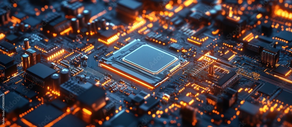 Aufkleber close up of a glowing cpu chip on a circuit board.