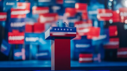 A podium placed at a political rally, with a backdrop of campaign signs 