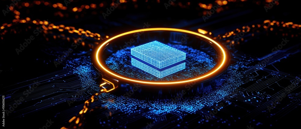Poster a glowing, digital cube surrounded by a circular light in a futuristic setting, showcasing advanced 