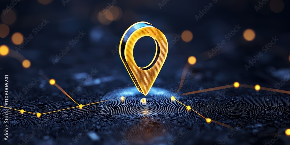 Poster a glowing location pin stands out against a dark, digital background, symbolizing navigation and con