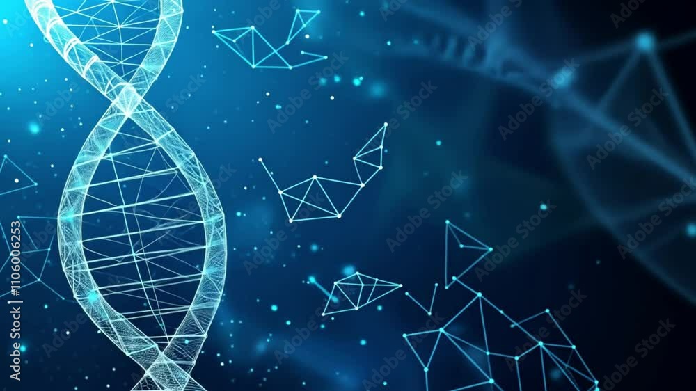 Poster digital representation of a dna helix with abstract polygonal shapes on a blue background. concept o