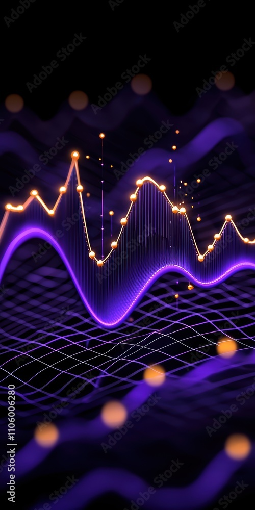 Poster a vibrant visualization of sound waves with purple and orange elements, depicting dynamic patterns a