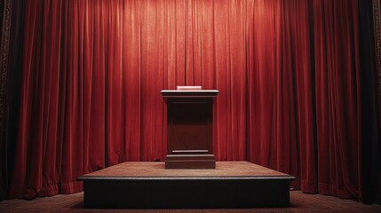 A podium placed at a political rally, with a backdrop of campaign signs 