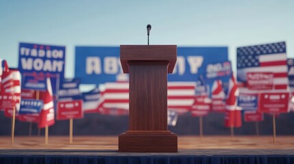 A podium placed at a political rally, with a backdrop of campaign signs 
