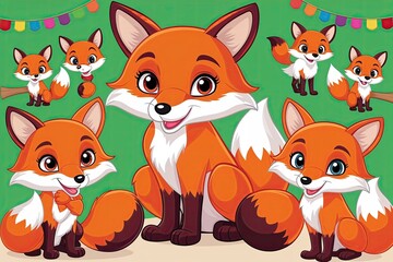 Charming Cartoon Fox Character Bundle in Bright, Colourful Illustration
