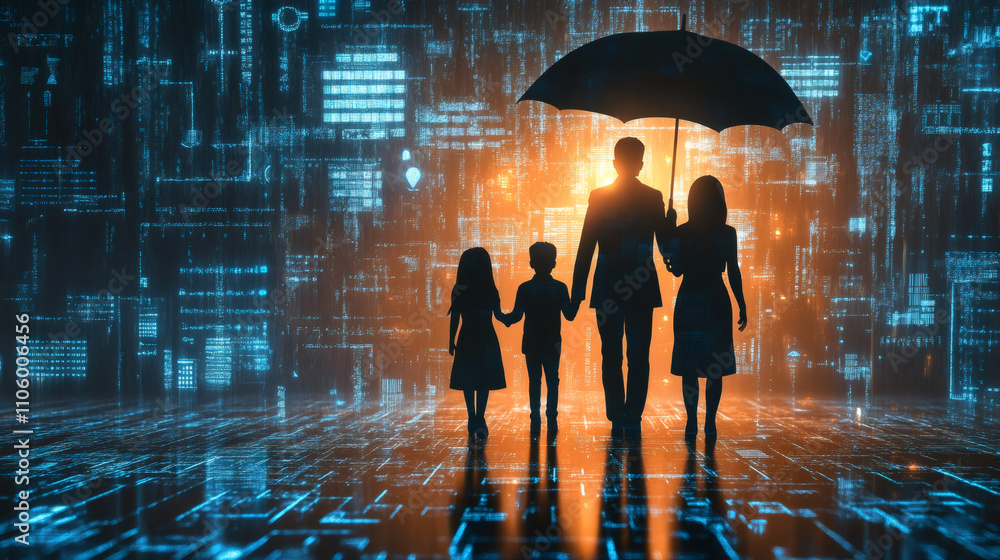 Poster family with umbrella protecting themselves from data breach and digital disruption in virtual world