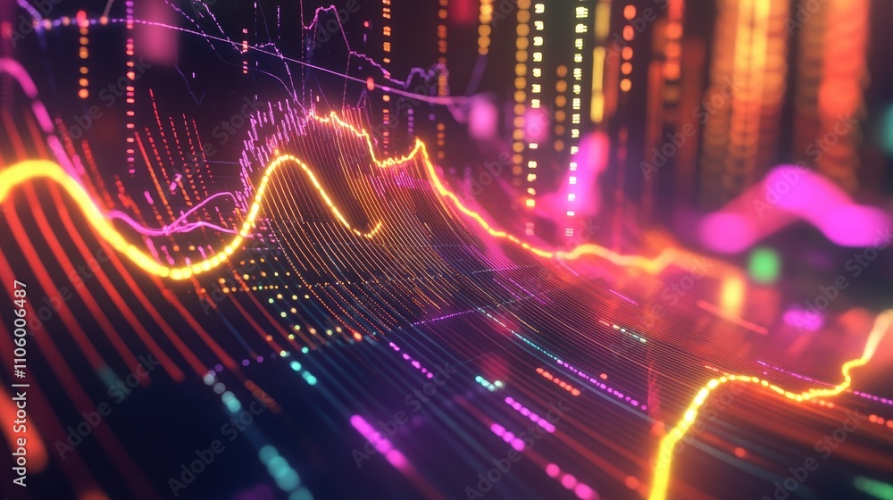 Poster a dynamic financial graph with colorful lines and glowing bars, illustrating business growth over ti