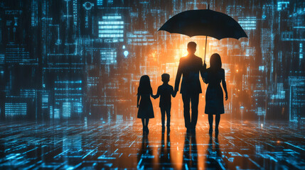 Family with umbrella protecting themselves from data breach and digital disruption in virtual world