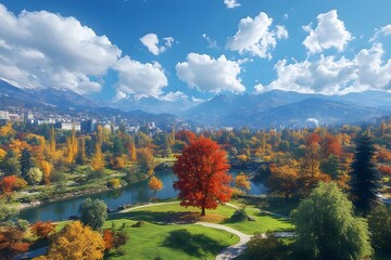 Obraz premium Beautiful landscape of a large park with tall and beautiful maple trees and a pond in a forest park with many large trees on a sunny day in autumn