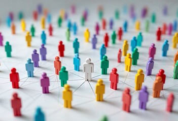 A diverse array of colorful people figures are arranged on a surface, symbolizing human connection, teamwork, and social networking. The image conveys ideas of community and collaboration.

