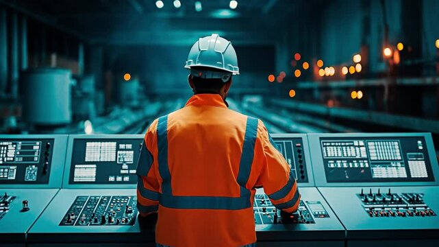 Worker wearing a hard hat and reflective jacket at a factory control station. Concept of safety, management, and industrial processes.