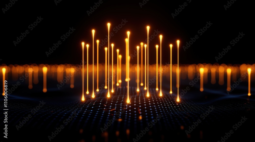 Poster a vibrant, abstract visualization featuring glowing vertical lines against a dark background, creati