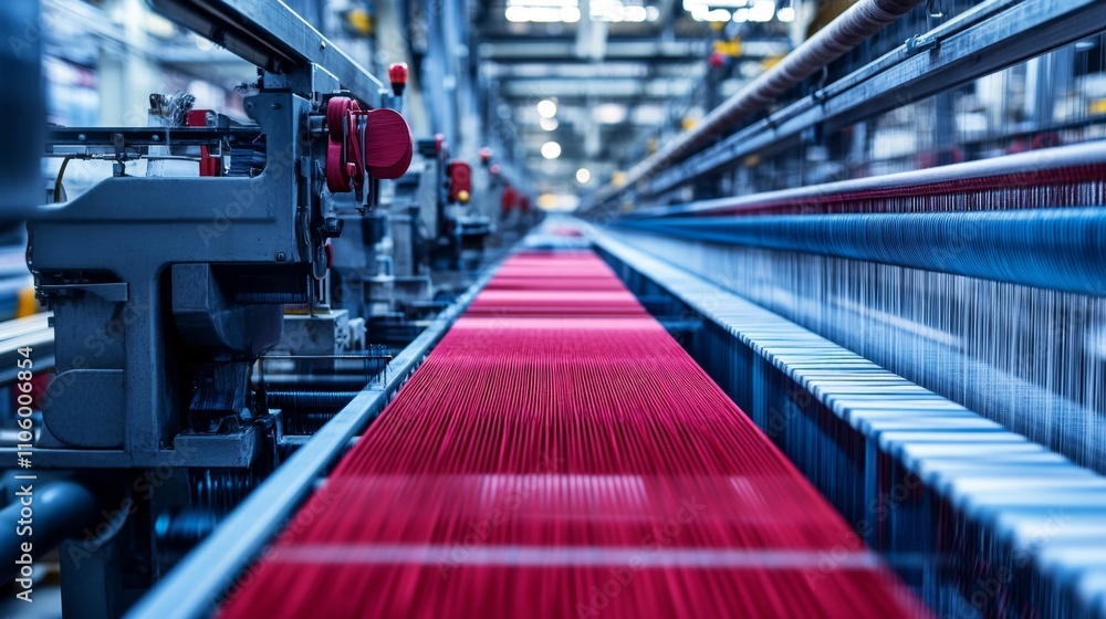 Poster modern textile weaving machines producing fabric in factory setting
