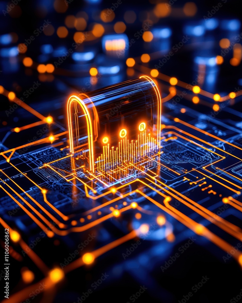 Poster a glowing digital lock surrounded by vibrant circuitry symbolizes cybersecurity and technology in a 
