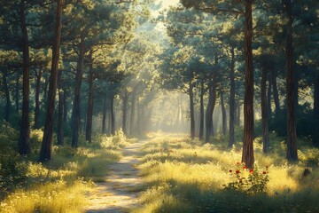 Obraz premium Aerial view of beautiful natural landscape with dazzling sunlight shining through tall, tall trees in a lush forest with lots of green trees