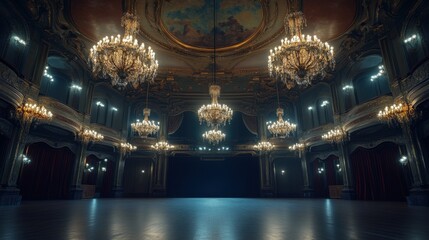 Obraz premium Grand Ballroom Interior Crystal Chandeliers, Ornate Design, Dark Elegance