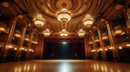 Grand Ballroom Interior Opulent Gold, Crystal Chandeliers, Stage