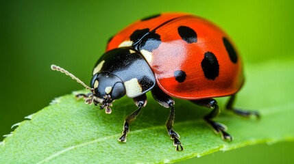 Fototapeta premium Close-up of a ladybug on a green leaf.
