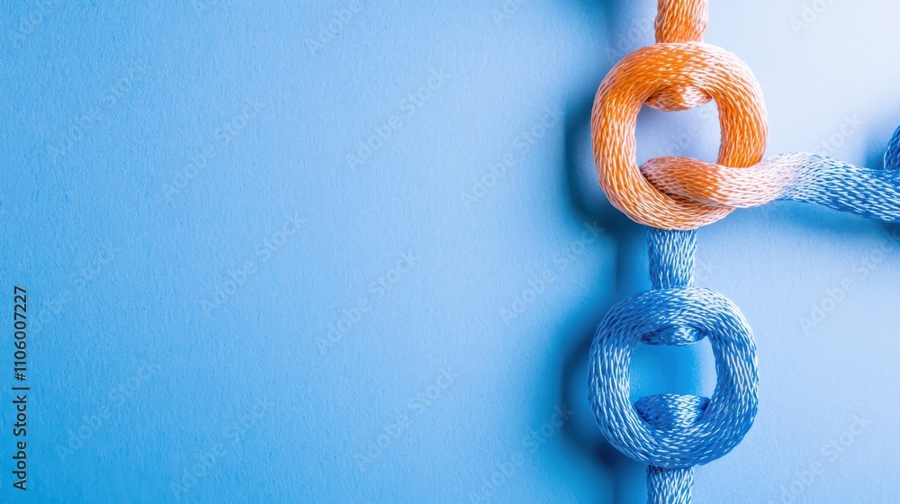 Poster colorful intertwined loops on a blue background, symbolizing connection and unity.