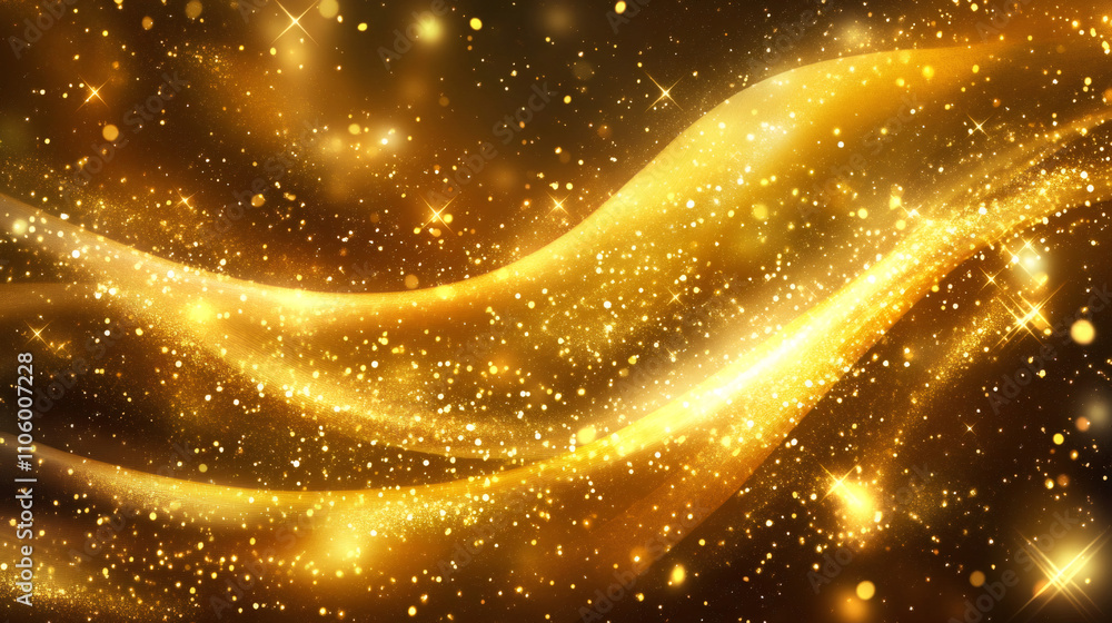 Poster luxurious and festive atmosphere created by abstract golden particles flowing and glittering on a bl