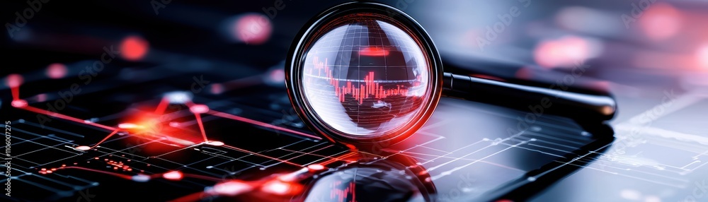 Poster a magnifying glass focuses on digital graphs and data, emphasizing analysis, technology, and precisi