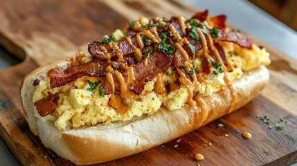 A breakfast roll filled with crispy bacon, scrambled eggs, and a drizzle of sauce, served on a wooden board.