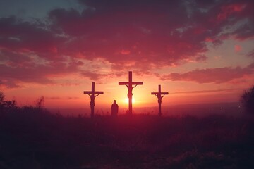 Naklejka premium Silhouette of three crosses with Jesus hanging on Golgotha ​​hill in red sunset light