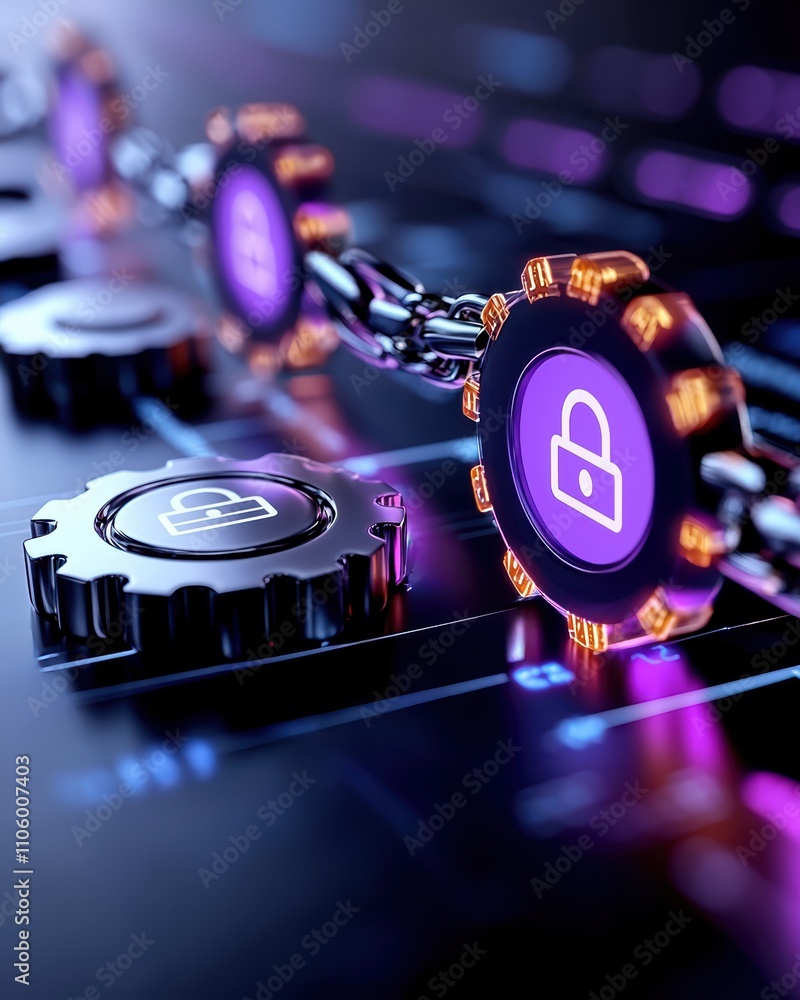 Poster a futuristic digital lock system featuring glowing gears and padlocks, symbolizing cybersecurity and