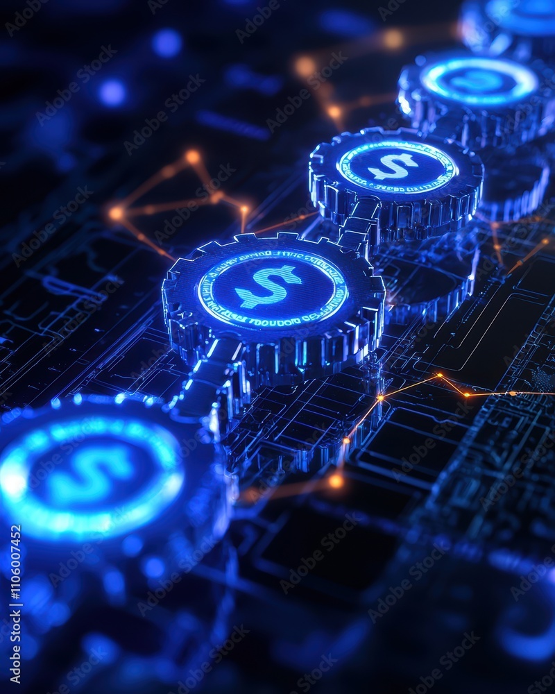 Poster a futuristic digital representation of coins linked by circuitry, symbolizing cryptocurrency and blo