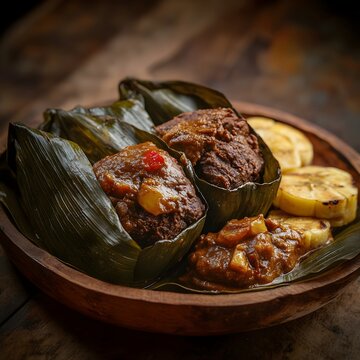 Ugandan luwombo, tender beef and peanut sauce steamed inside banana leaves. Presented on a traditional wooden plate, with matoke