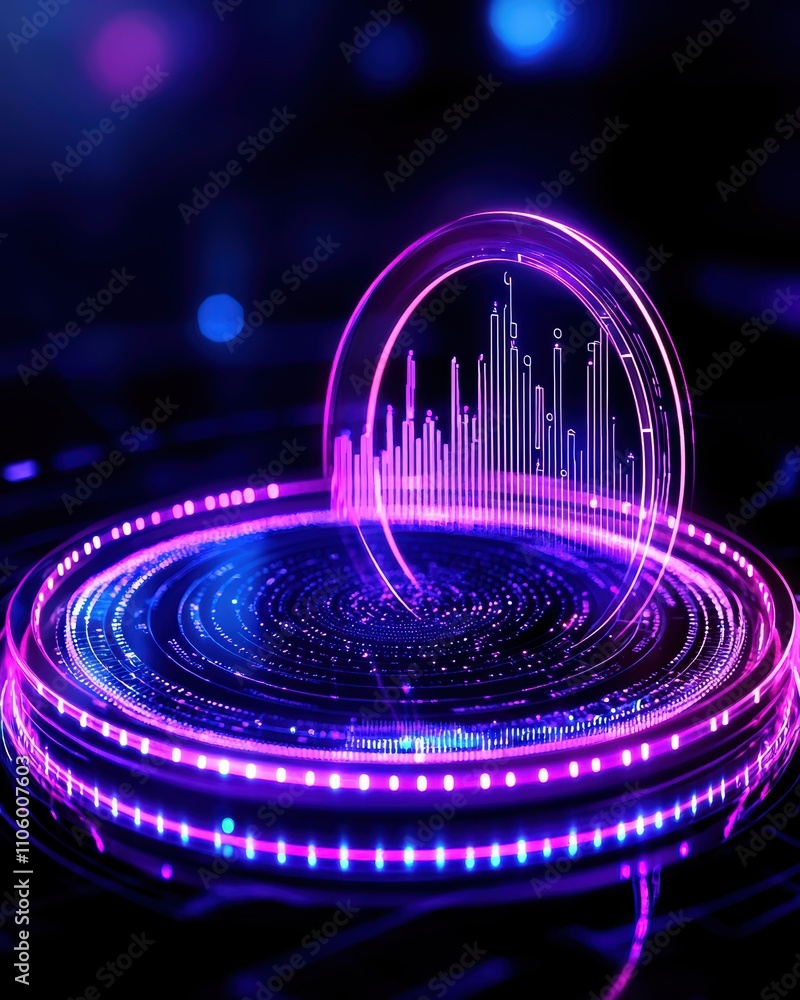 Poster a vibrant, futuristic visualization showcasing audio waves with glowing circular patterns in purple 