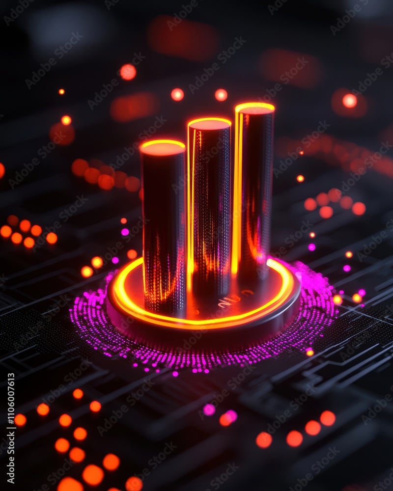 Poster a futuristic digital display featuring three glowing cylinders set against a dark background, with v