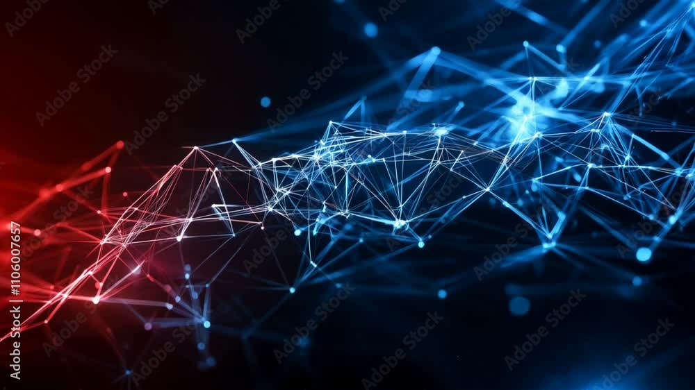 Poster abstract digital network showcasing blue and red connections, illustrating technology and data flow,