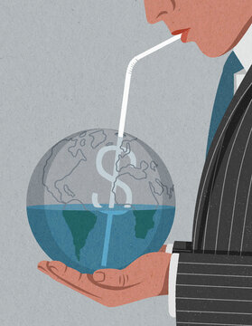 Businessman drinking up planet earth through dollar shaped straw