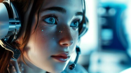 Hybrid female operator in a futuristic call center: close-up of her face with a headset, glowing eyes and a technological background. Symbol of the future of customer support and artificial intelligen