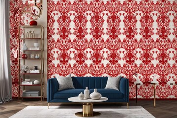 Bold Seamless Ornamentation in Cherry Red and Creamy White for High-End Spaces and Fashion Boutiques